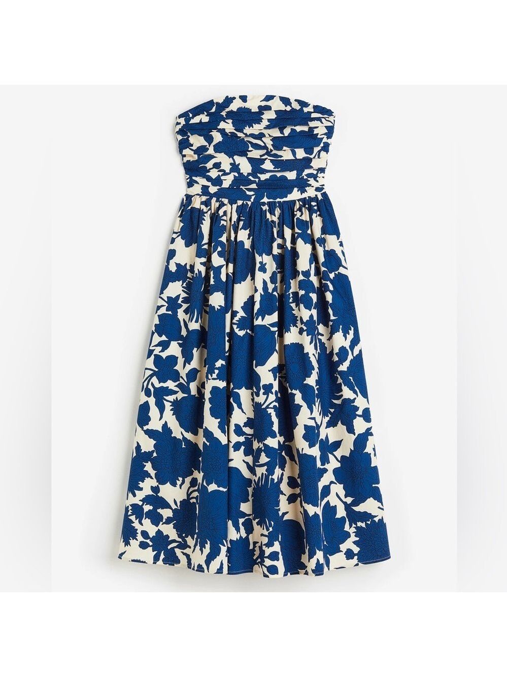 H&M Floral Pleated Bandeau Boned Top Calf-Length Fit & Flare Dress